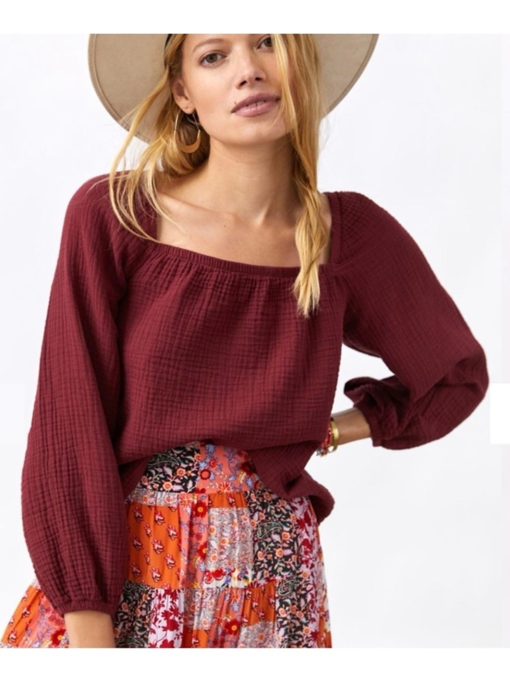 Anthropologie x Cloth & Stone Burgundy Red Cotton Gauze Peasant Top Medium